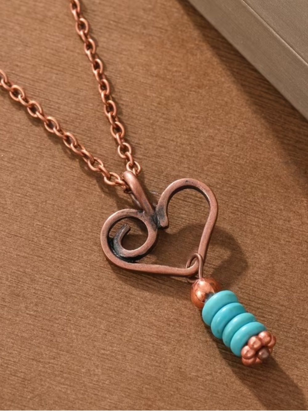 Copper Heart Pendant Necklace with Faux Turquoise Beads